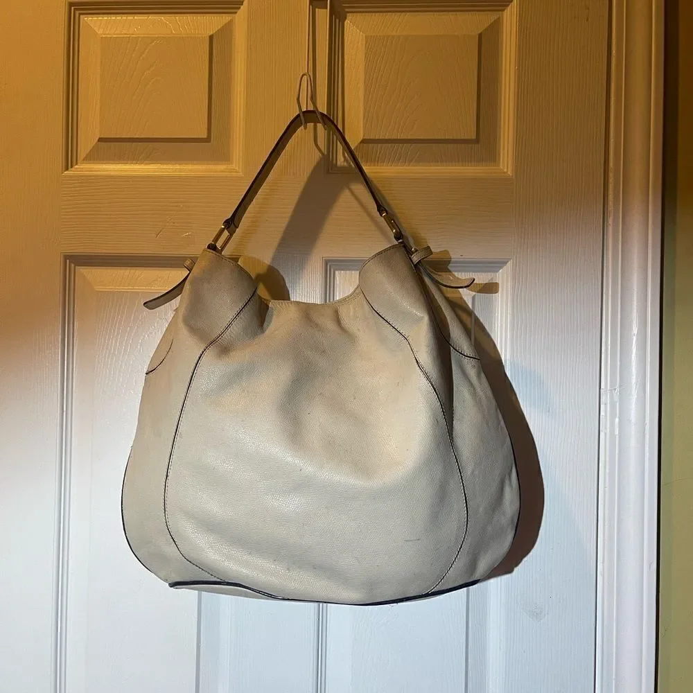 Talbots leather Beige reptile print large shoulder bag black trim accents.